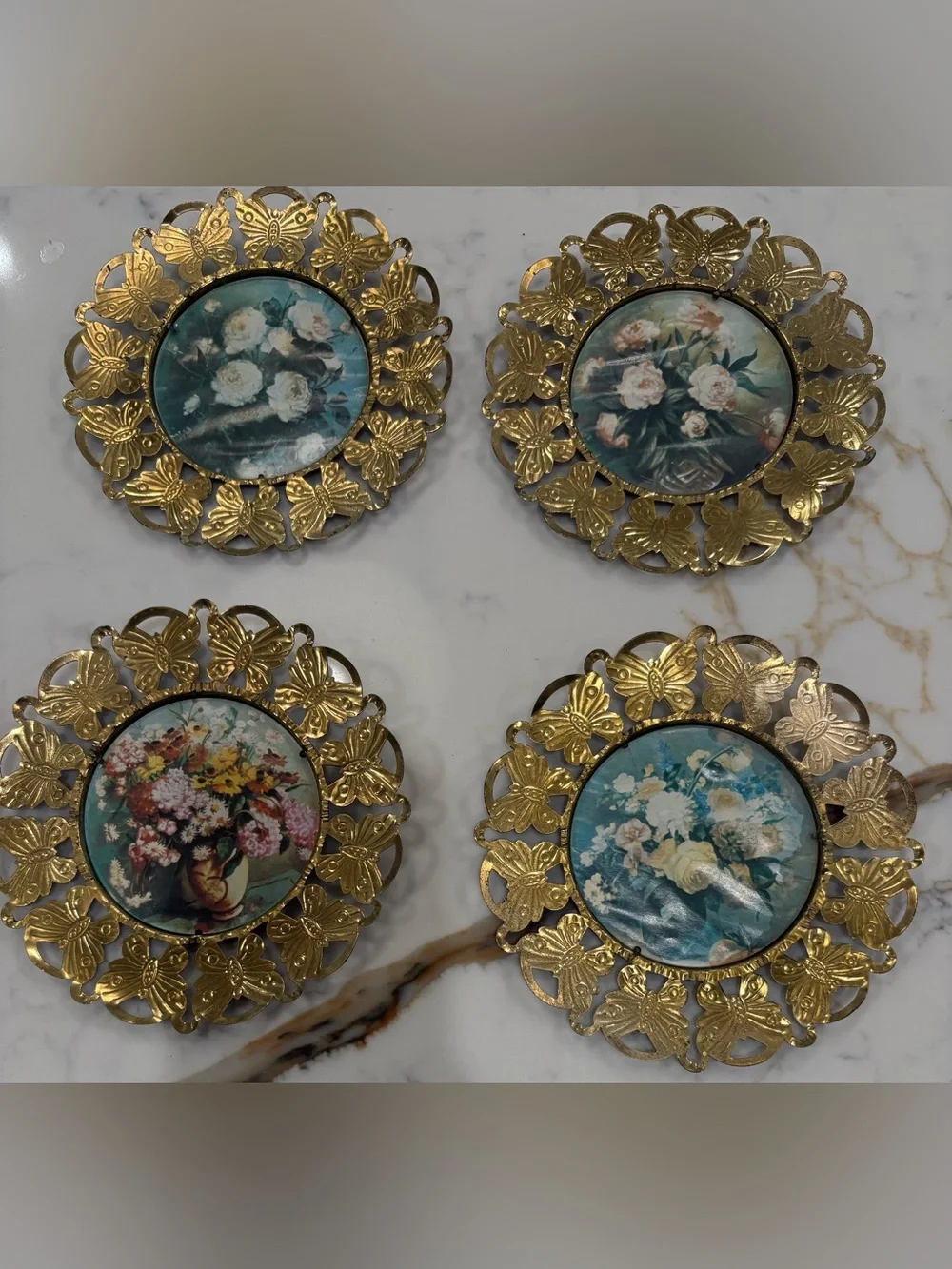 Vintage Brass Butterfly framed floral prints - Set of 4